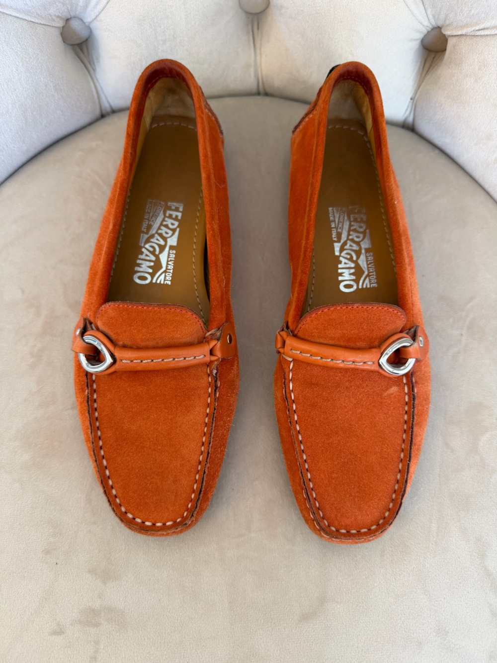 Salvatore Ferragamo Orange Suede Bit Loafers